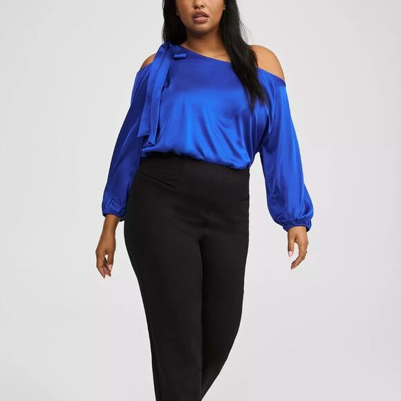 NWT Torrid 2X Satin Tie Front Off Shoulder Long Sleeve Blouse Surf the Web Blue - Picture 6 of 9